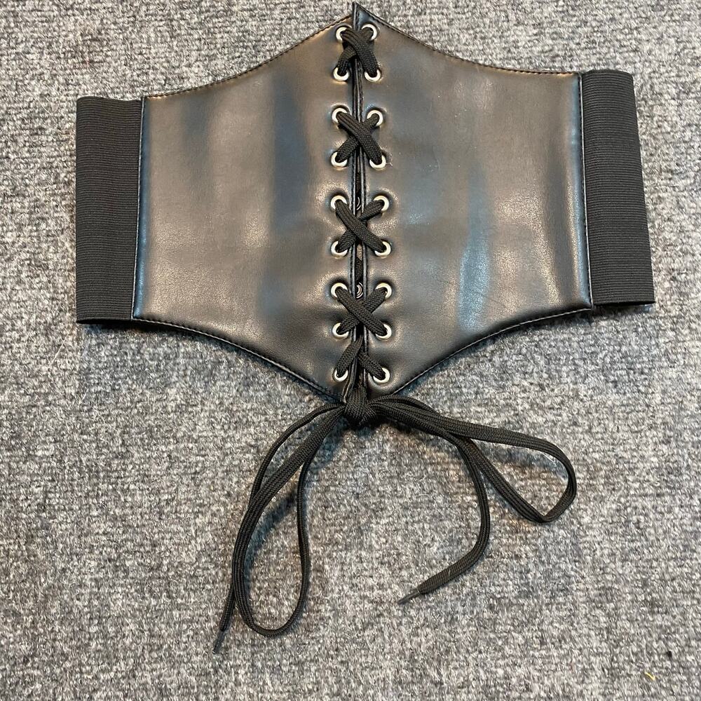 Lavish Daisy Black Faux Leather Lace-Up Corset Belt Gothic Waist Cincher Medium